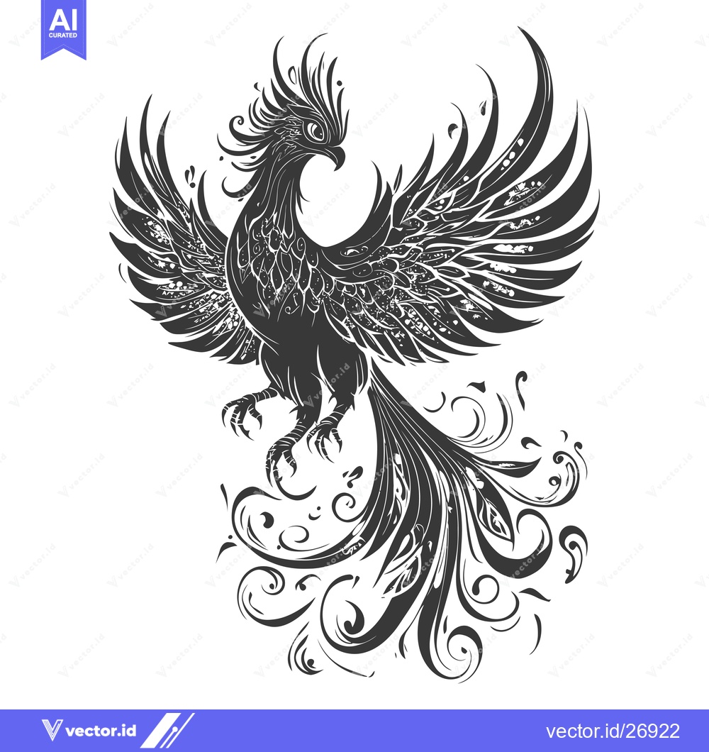 Premium Vector of Black and White Stylized Phoenix Illustration with Floral Details