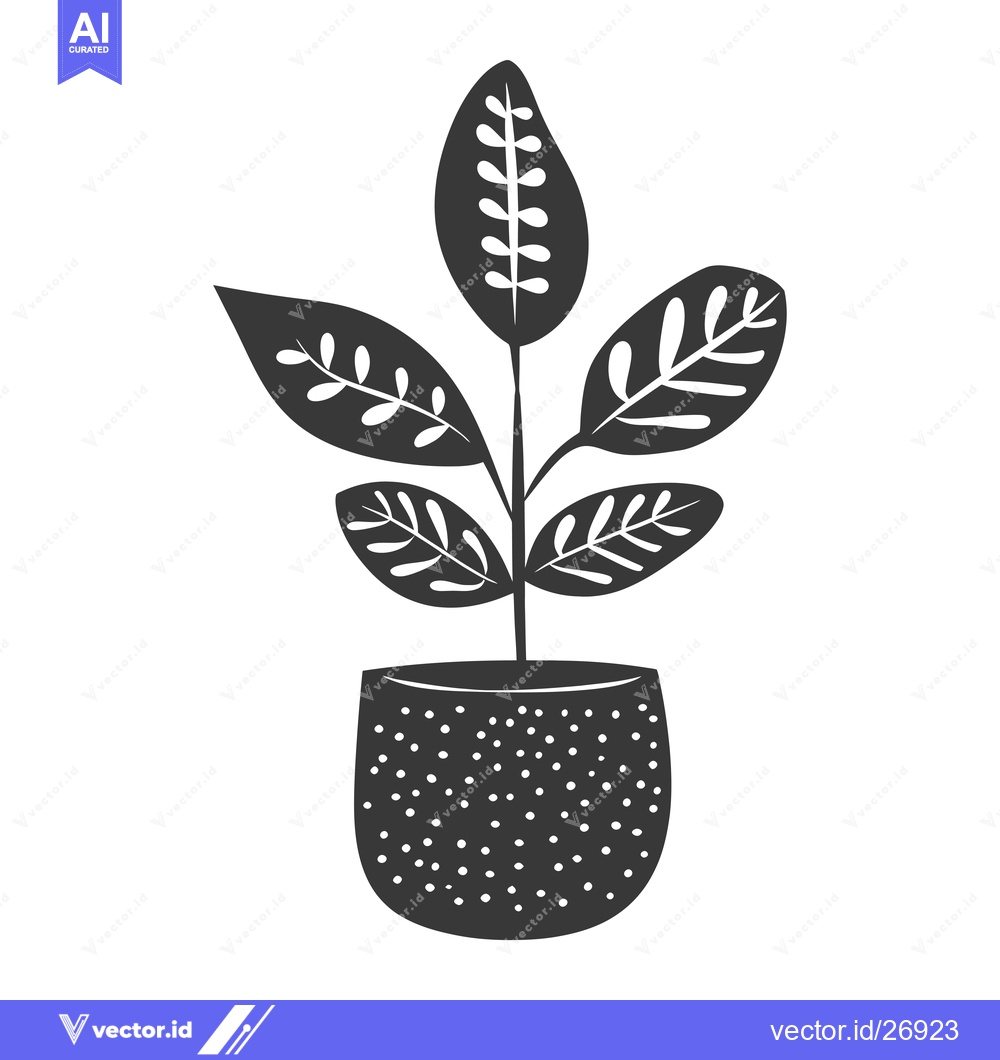 Premium Vector of Black and White Stylized Plant in a Pot