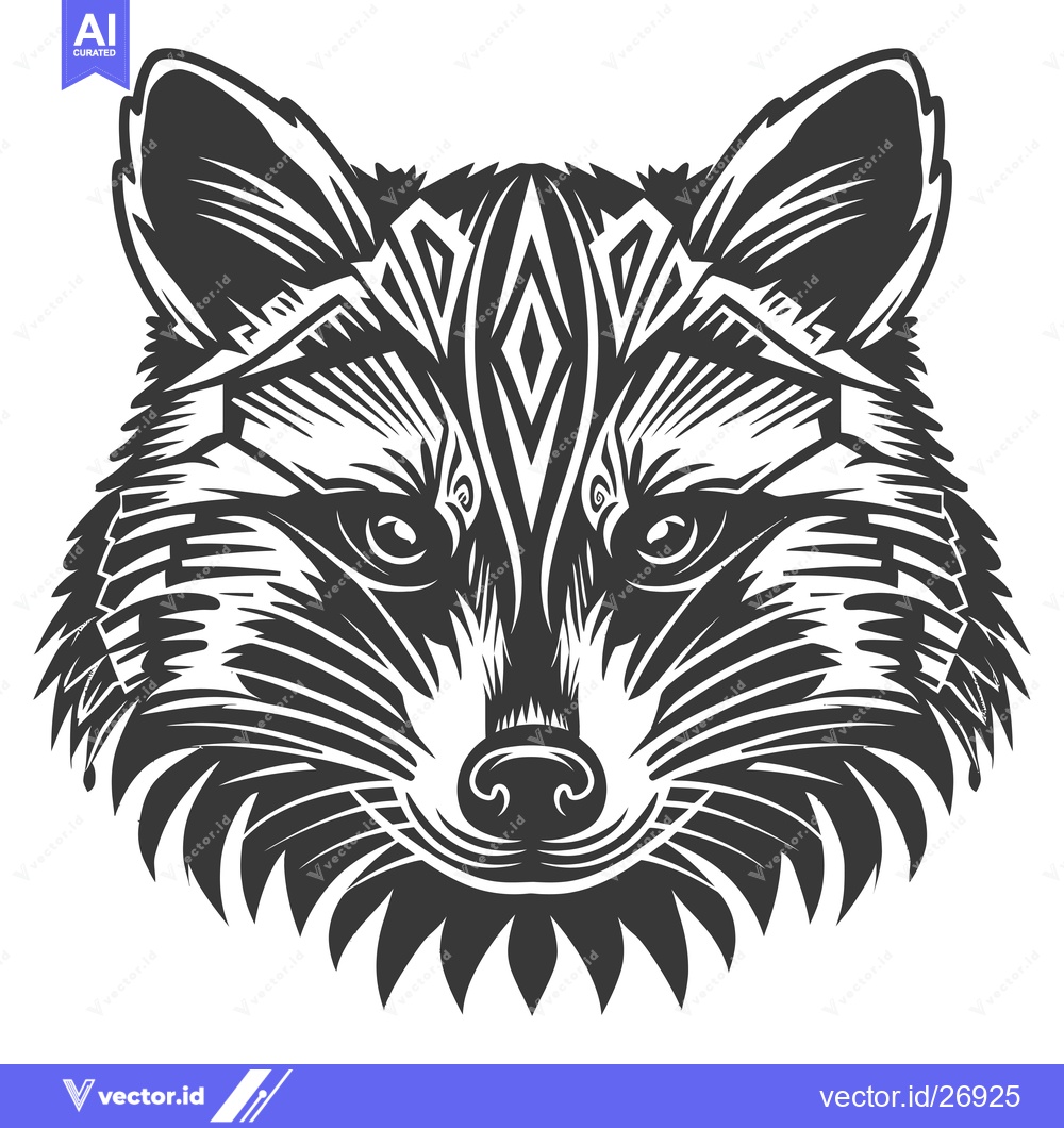 Premium Vector of Black and White Stylized Raccoon Head with Tribal Patterns