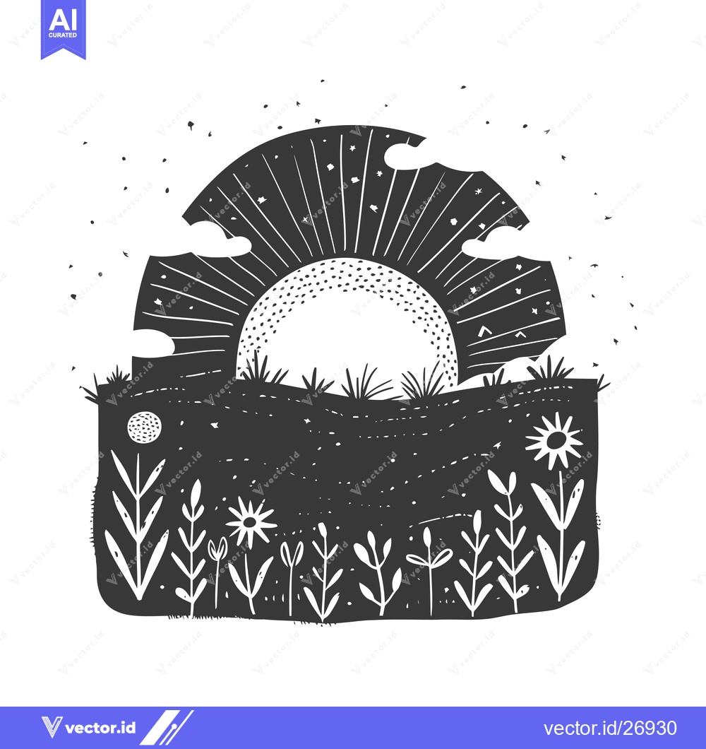 Premium Vector dari Black and White Stylized Sun Setting Behind a Field of Flowers
