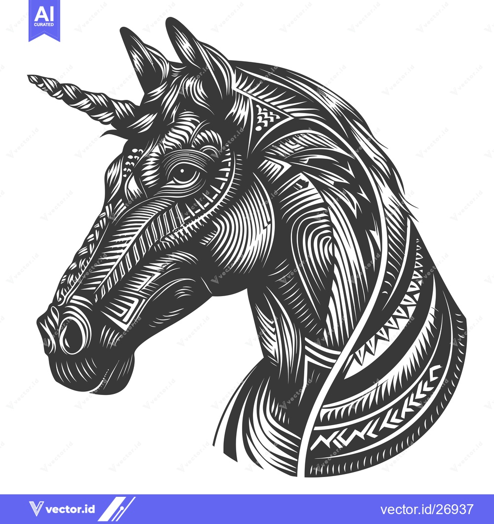 Premium Vector dari Black and White Stylized Unicorn Head with Tribal Patterns