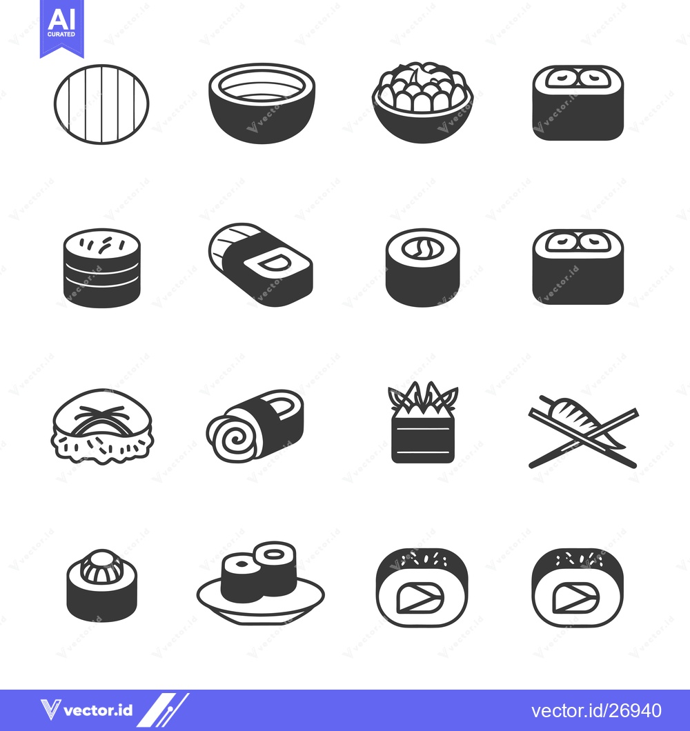 Premium Vector of Black and White Sushi Roll Icon Set