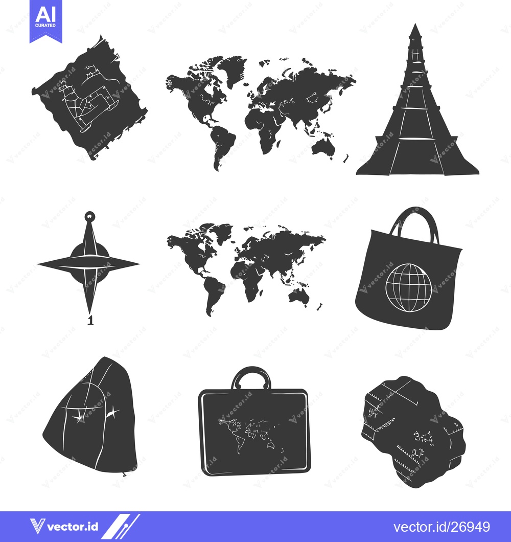 Premium Vector of Black and White Travel Icons with World Map and Compass