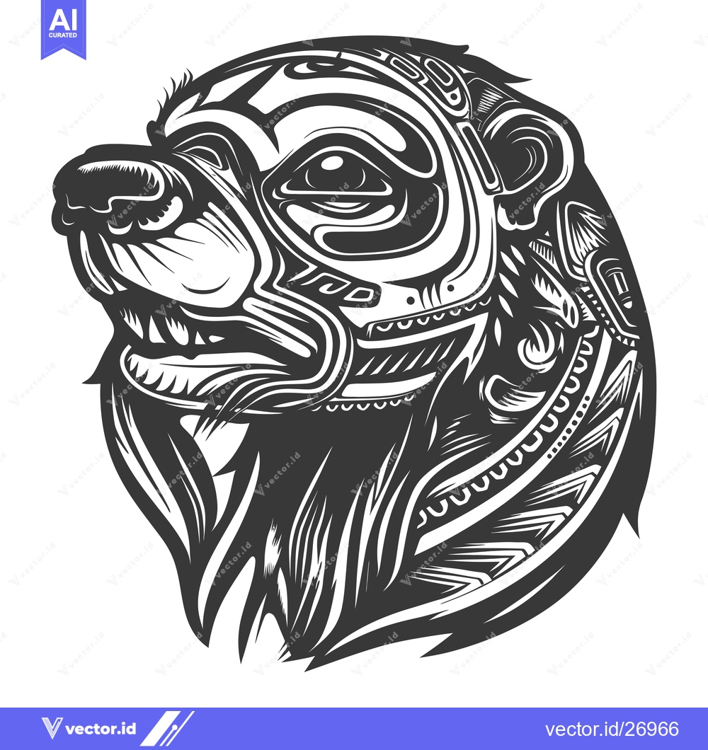 Premium Vector dari Black and White Tribal Bear Head with Detailed Pattern