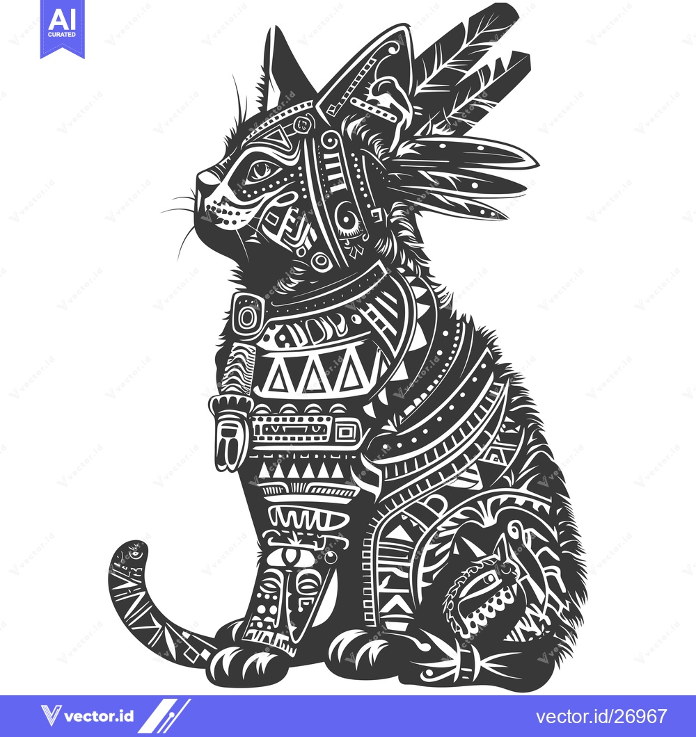 Premium Vector of Black and White Tribal Cat with Feathers