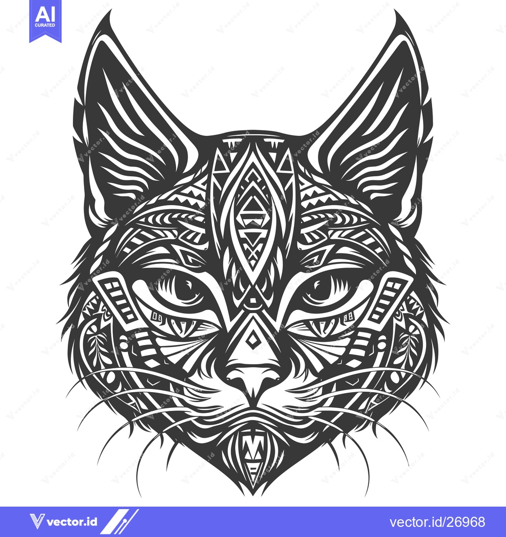 Premium Vector dari Black and White Tribal Design of a Cat's Head