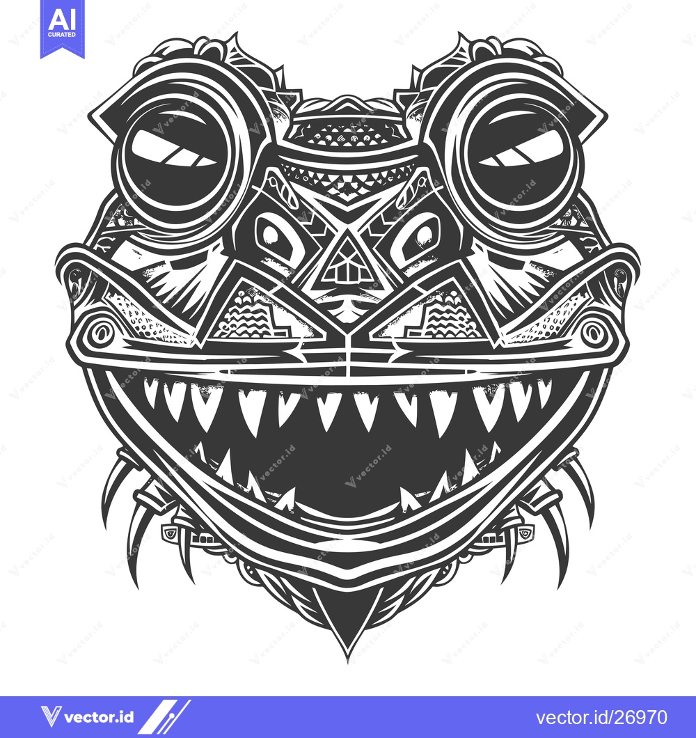Premium Vector dari Black and White Tribal Frog Face with Open Mouth and Sharp Teeth