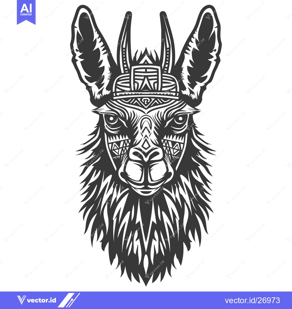 Premium Vector dari Black and White Tribal Llama Head with Detailed Patterns