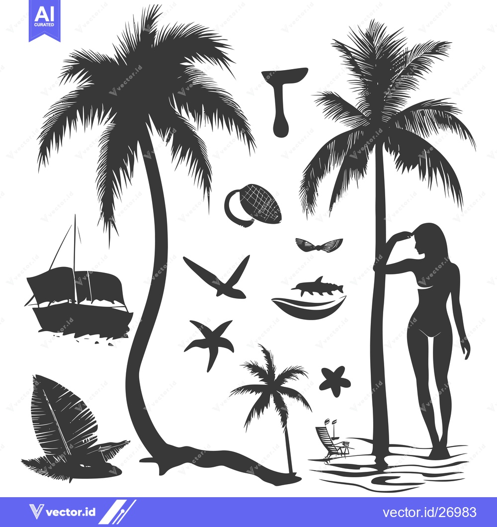 Premium Vector dari Black and White Tropical Paradise with Palm Trees and Silhouettes
