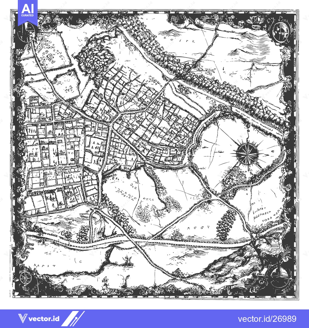 Premium Vector of Black and White Vintage Hand Drawn Map of a Town