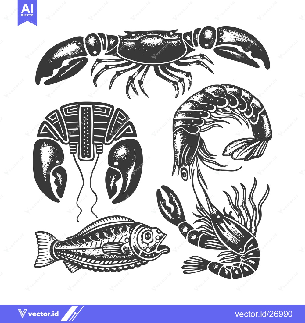 Premium Vector dari Black and White Vintage Illustration of Various Seafood