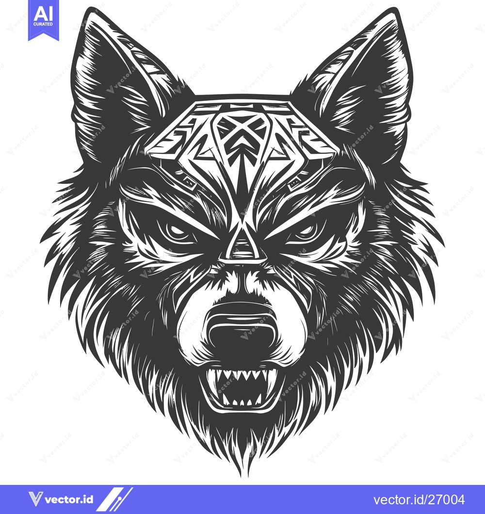 Premium Vector of Black and White Wolf Head with Intricate Geometric Pattern on Forehead