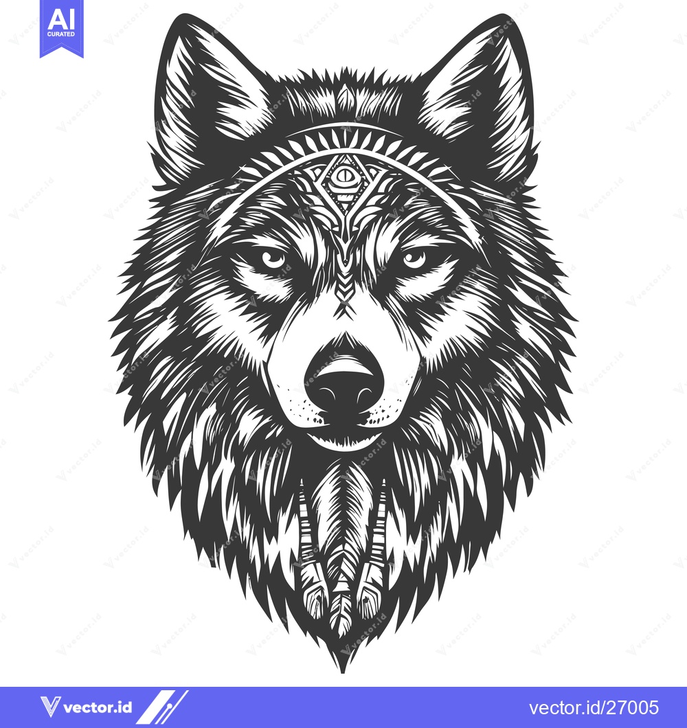 Premium Vector dari Black and White Wolf Head with Tribal Pattern and Third Eye