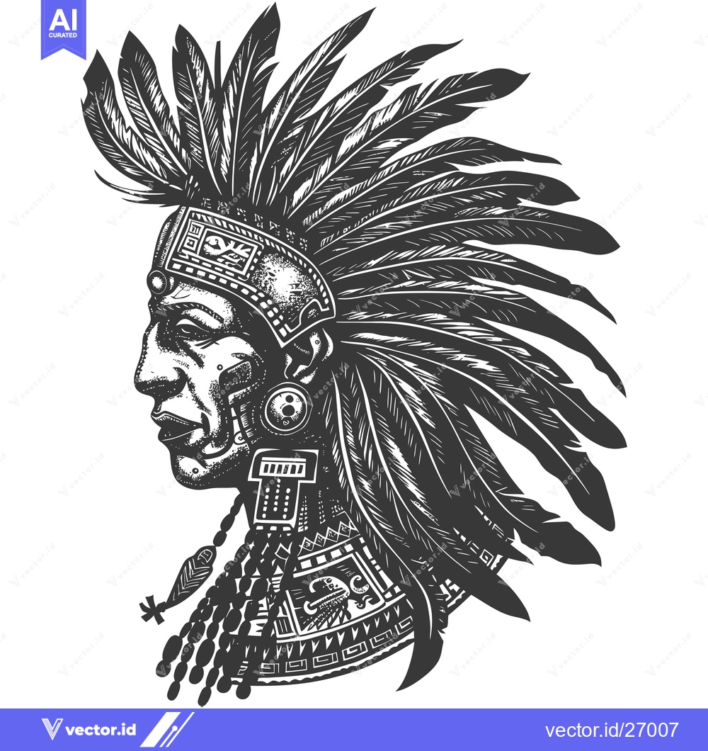 Premium Vector of Black and white woodcut style illustration of a Native American chief