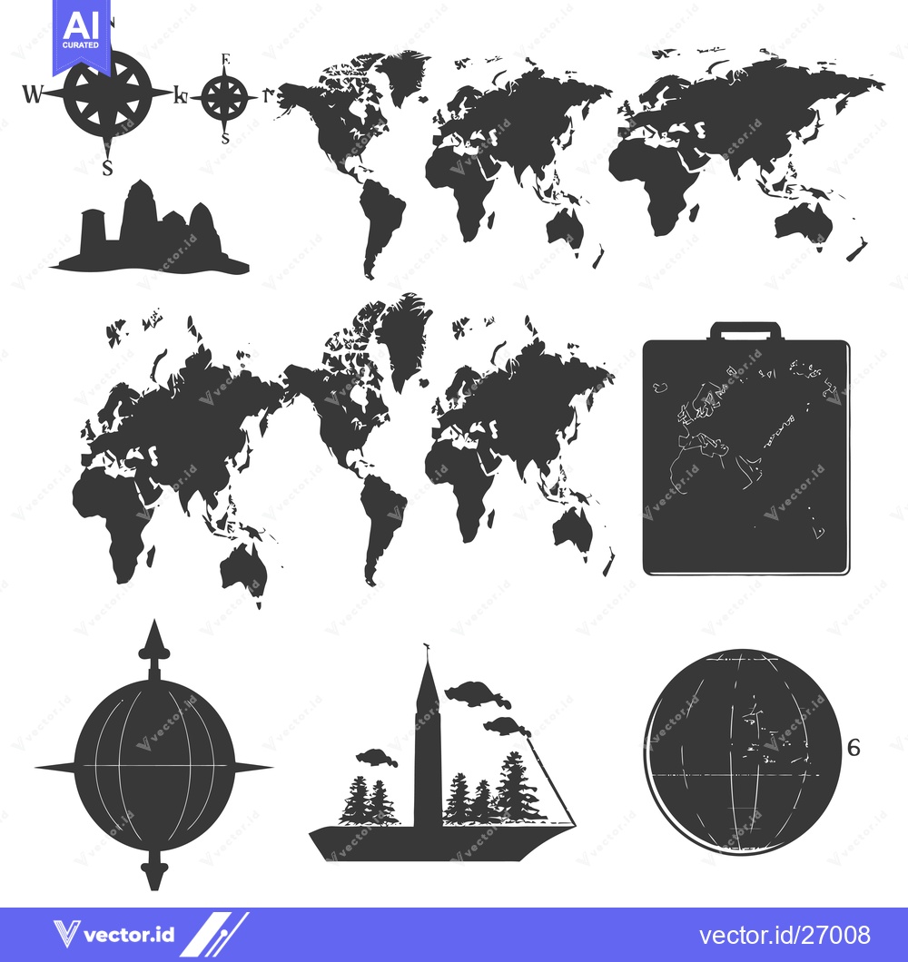 Premium Vector of Black and White World Map and Travel Icons