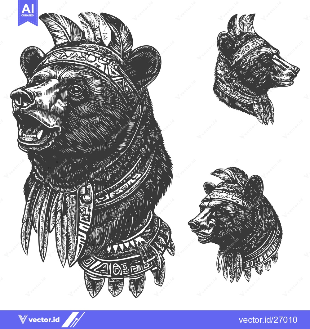 Premium Vector dari Black Bear Heads in Traditional Native American Headdresses