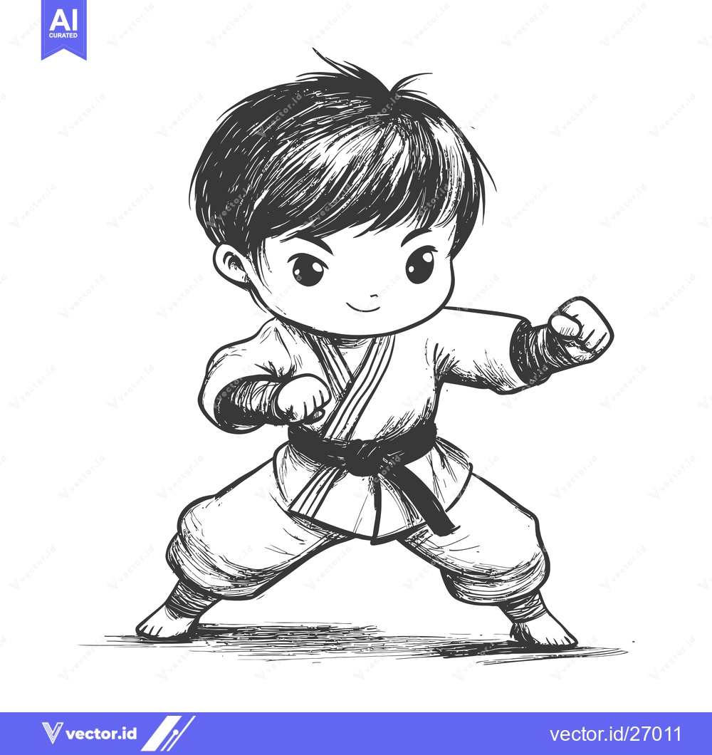 Premium Vector dari Black Belt Karate Kid in a Fighting Stance