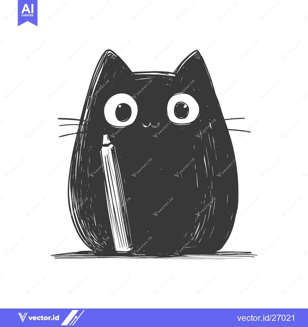 Premium Vector of Black Cat Holding a Pencil with Big Eyes