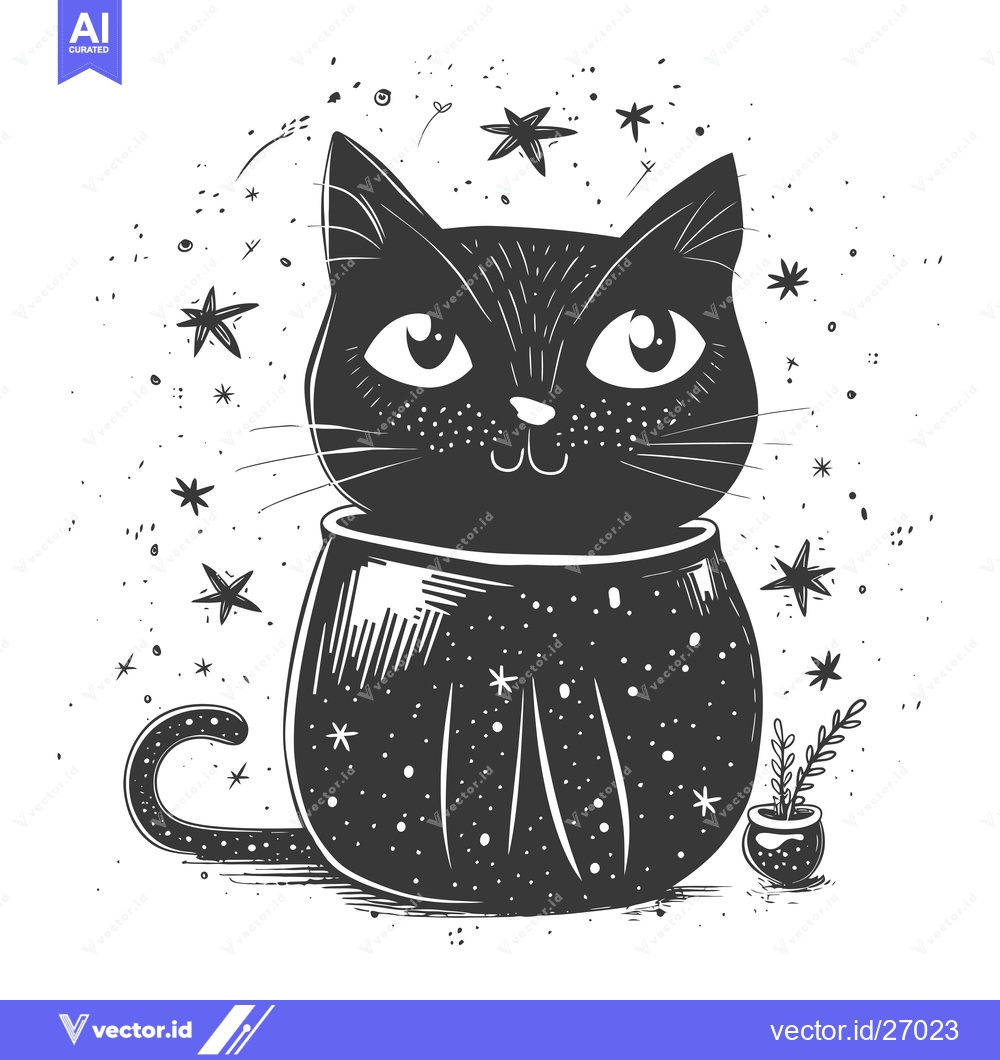 Premium Vector dari Black Cat Inside a Starry Pumpkin with Plant