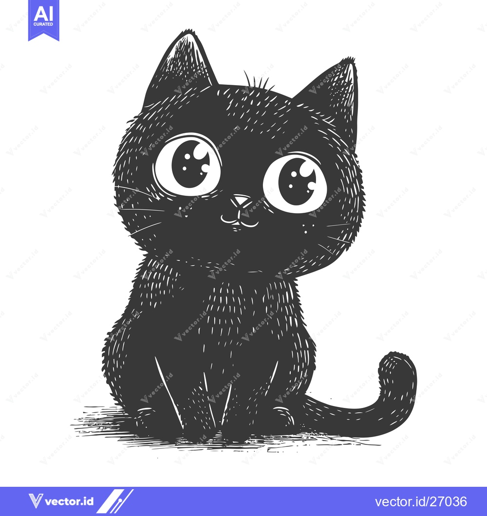 Premium Vector of Black Cat with Big Eyes Sitting and Looking Up
