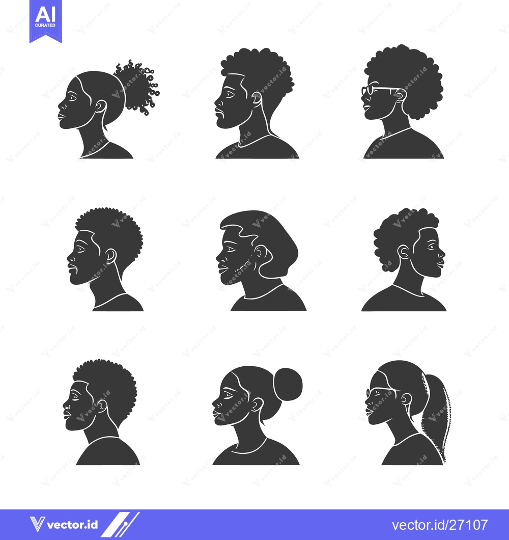 Premium Vector of Nine Silhouetted Head Profiles Showcasing Diverse Hairstyles And Facia