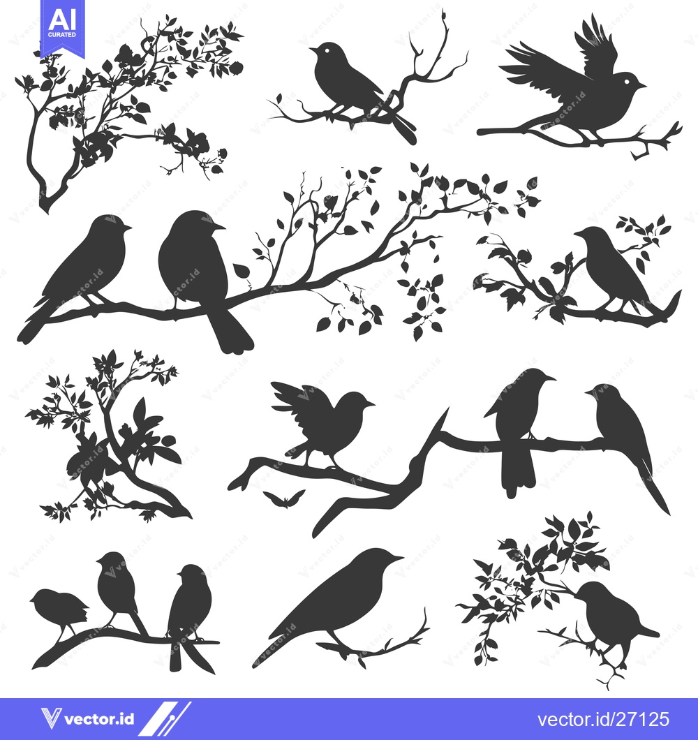 Premium Vector dari Black Silhouette Birds Perched on Branches with Leaves