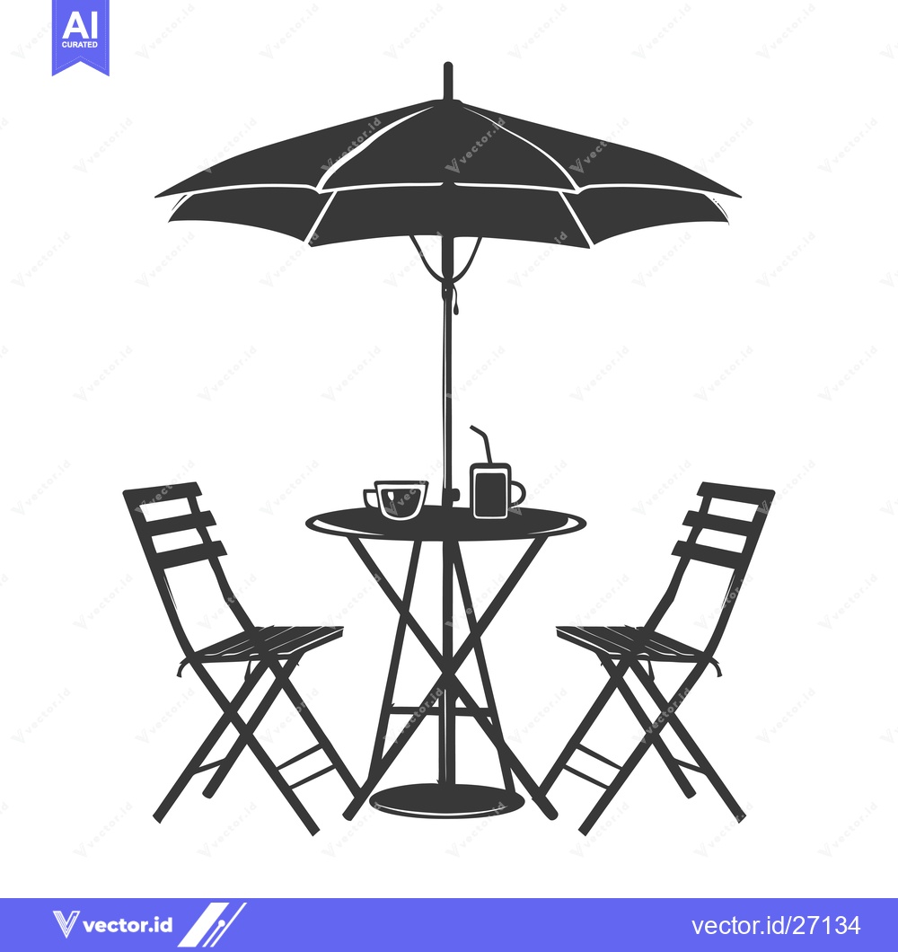 Premium Vector dari Black Silhouette of Patio Umbrella with Table and Chairs