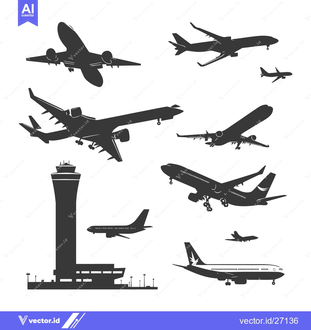 Premium Vector dari Black Silhouettes of Airplanes Around an Airport Control Tower