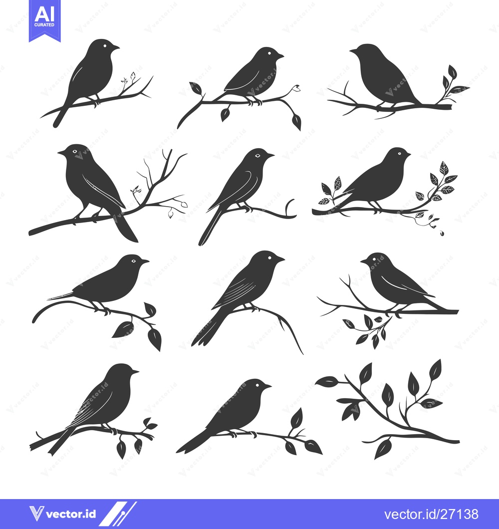 Premium Vector dari Black Silhouettes of Birds Perched on Branches with Leaves
