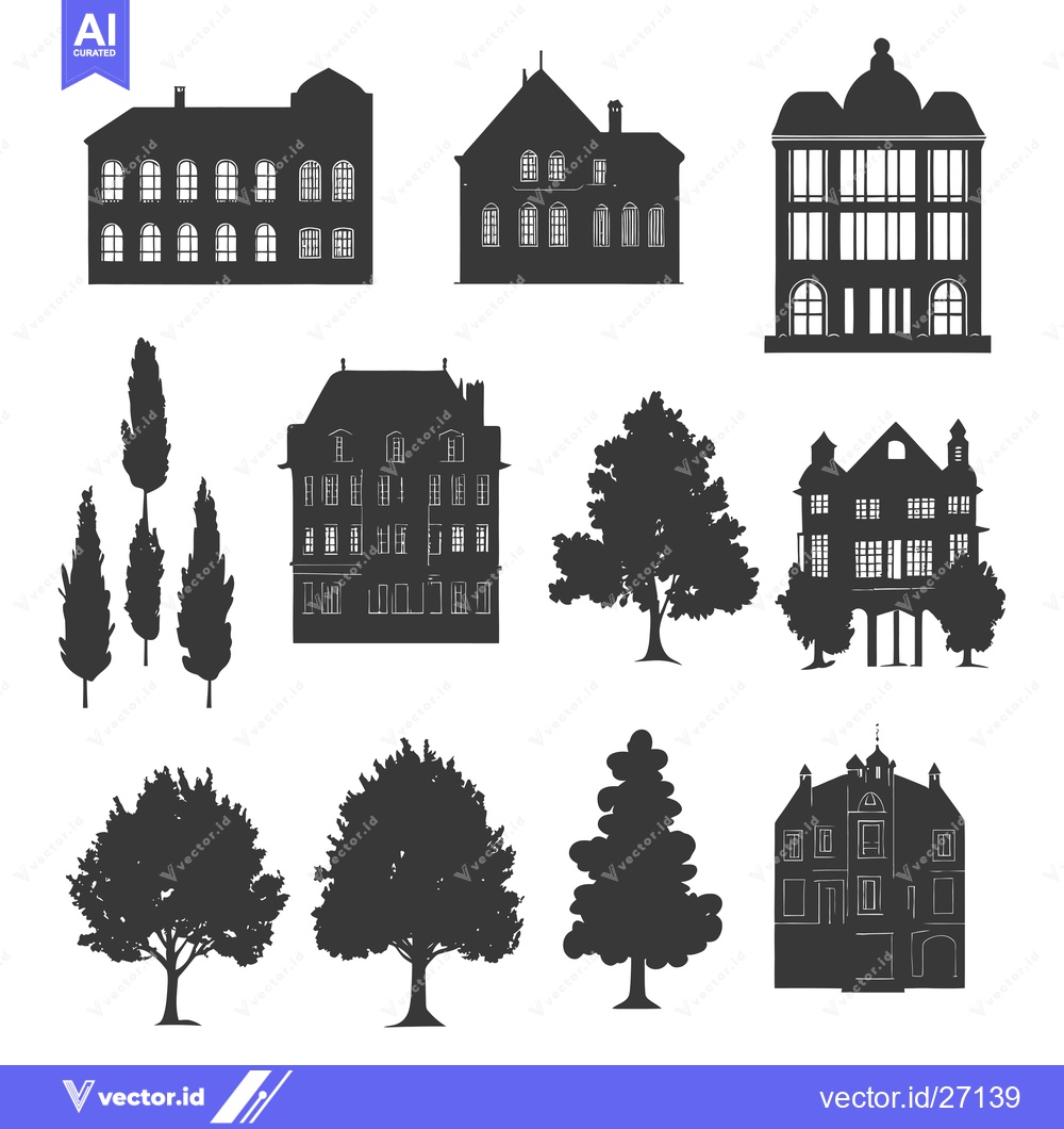 Premium Vector dari Black Silhouettes of Buildings and Trees