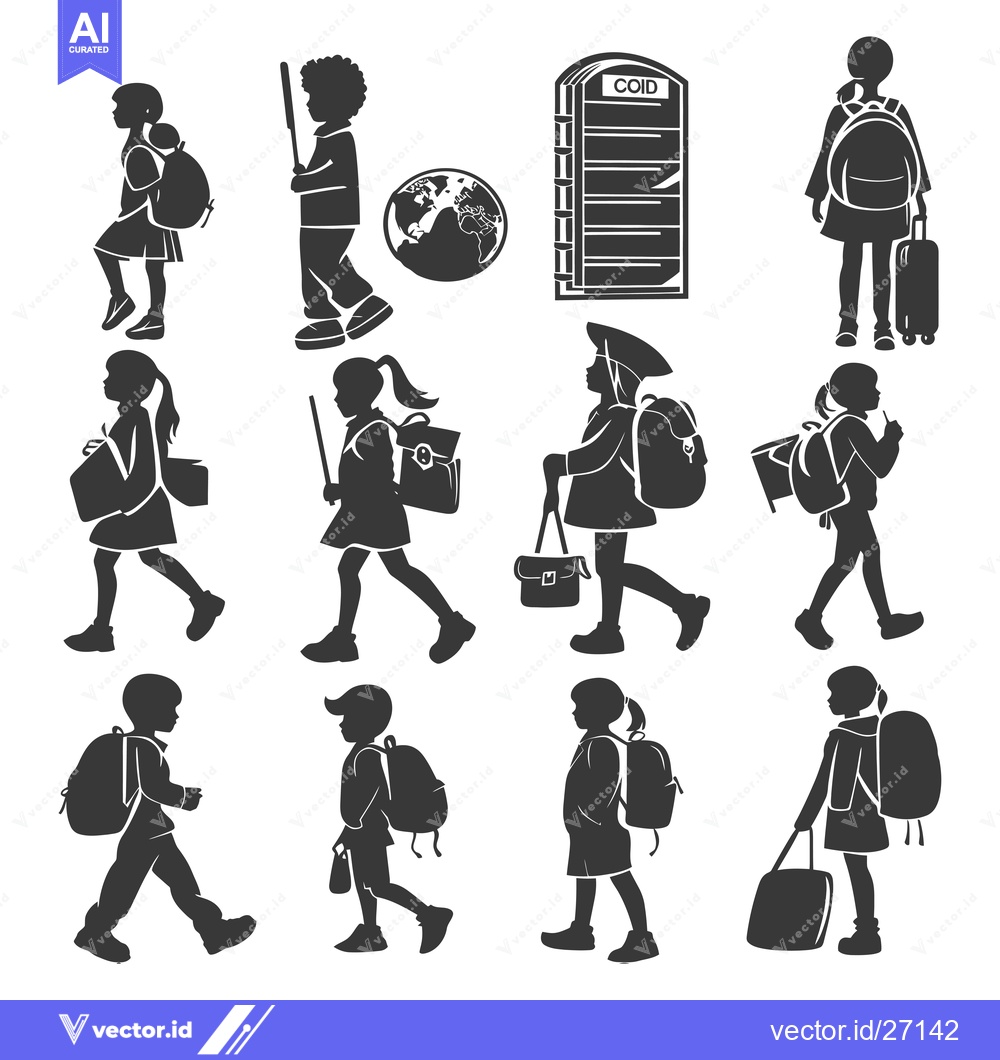 Premium Vector of Black Silhouettes of Children with Backpacks and School Supplies