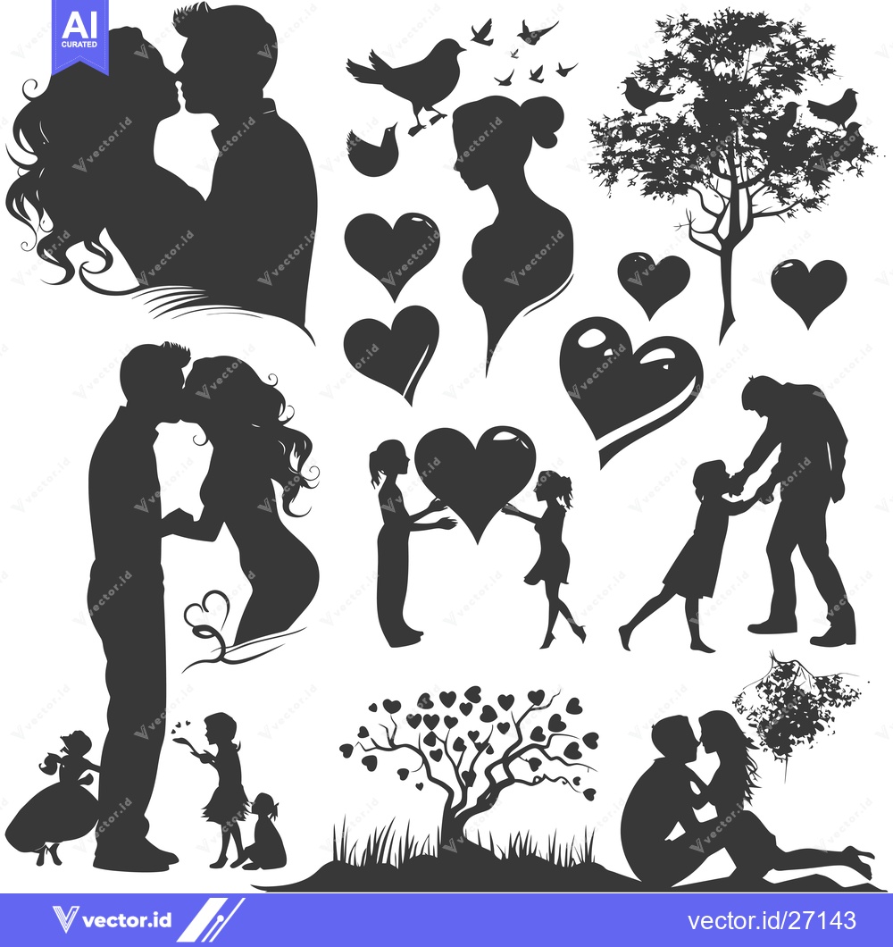 Premium Vector dari Black Silhouettes of Couples, Children, Trees, and Birds with Hearts