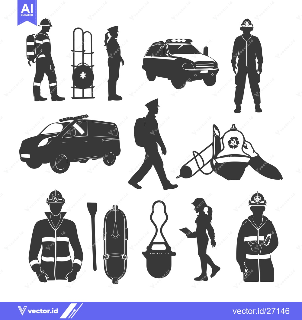 Premium Vector dari Black Silhouettes of Firefighters, Equipment, and Vehicles