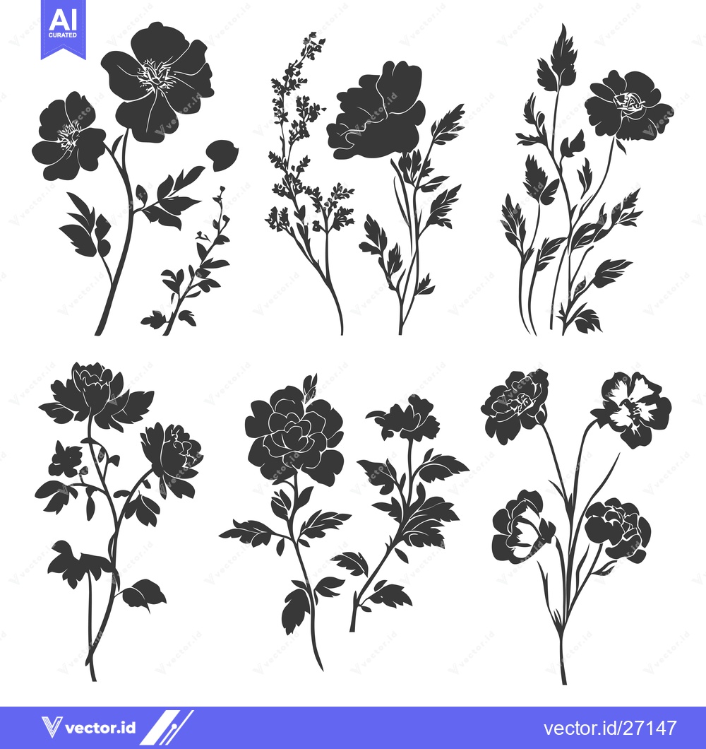 Premium Vector dari Black Silhouettes of Floral Arrangements with Flowers and Foliage