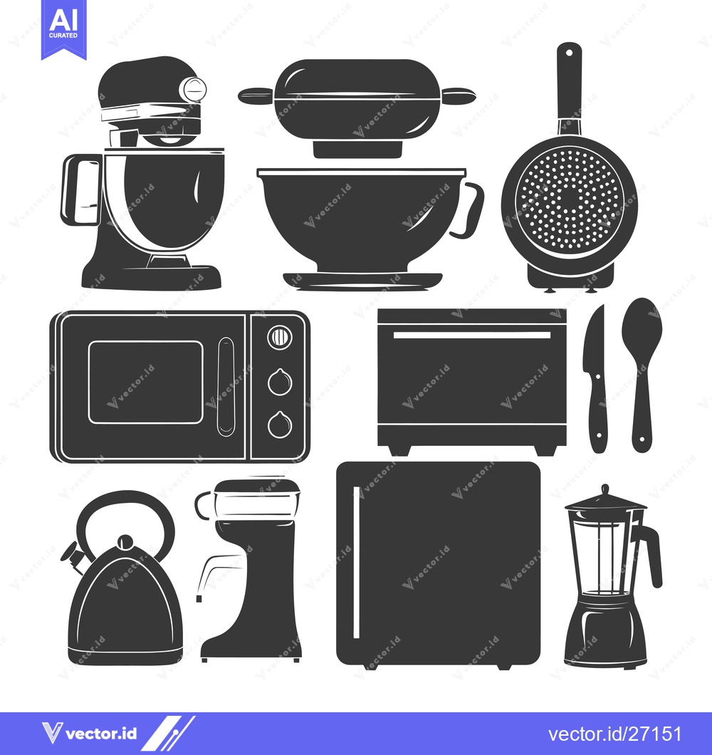 Premium Vector of Black Silhouettes of Kitchen Appliances and Utensils