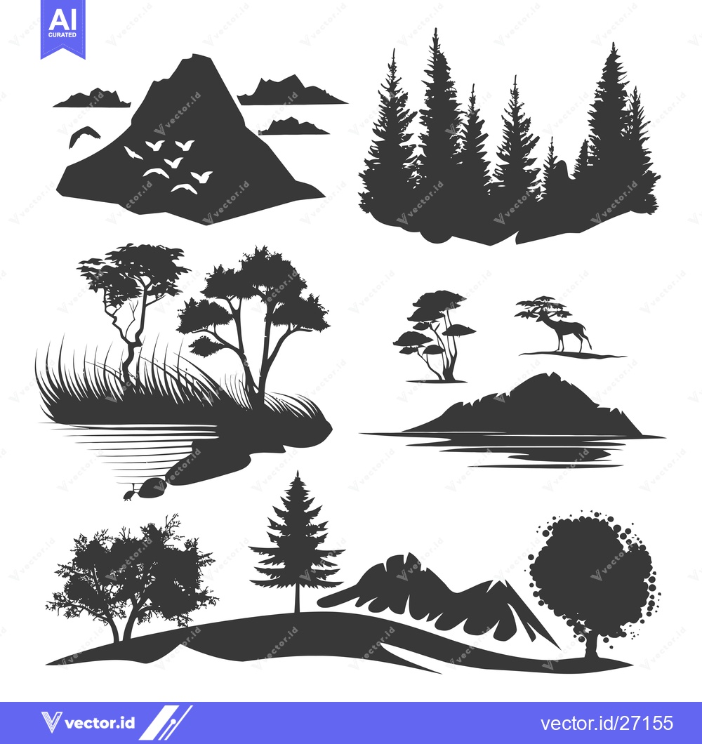 Premium Vector dari Black Silhouettes of Mountains, Trees, and Animals