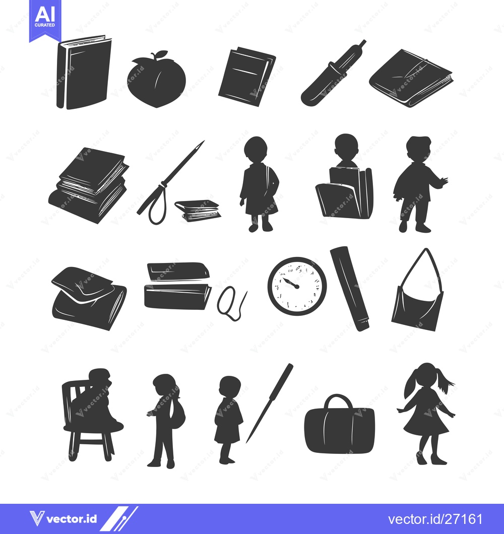 Premium Vector dari Black Silhouettes of School Supplies and Children