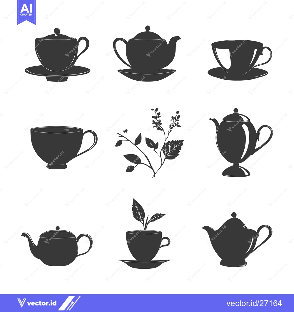 Premium Vector dari Black Silhouettes of Teacups, Teapots, and Leaves