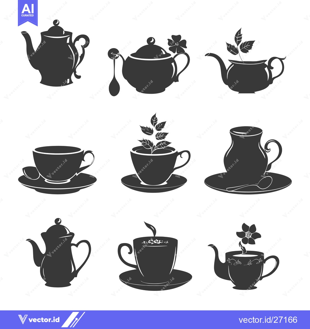 Premium Vector of Black Silhouettes of Teapots and Teacups with Floral Details