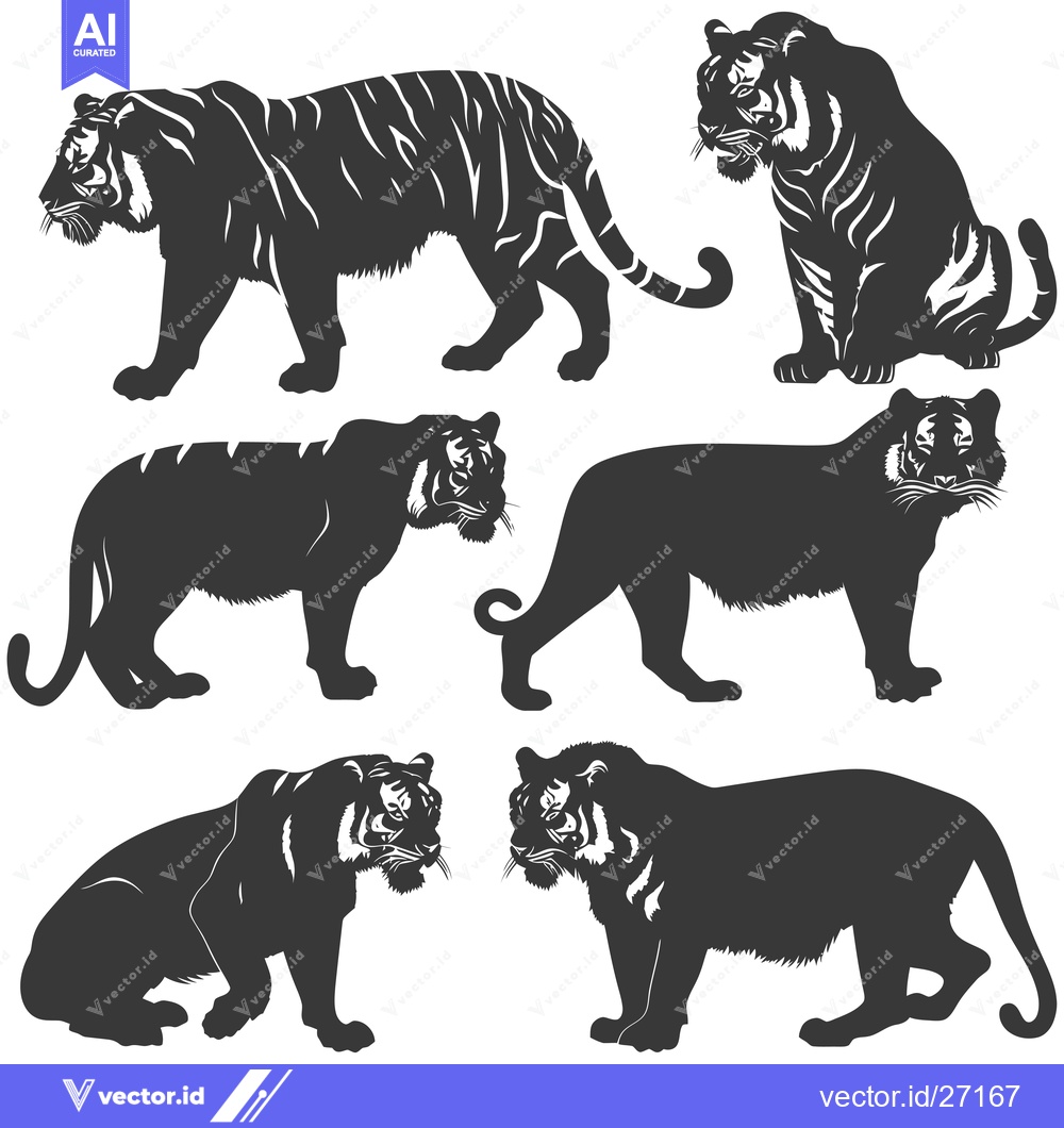 Premium Vector dari Black Silhouettes of Tigers in Various Poses