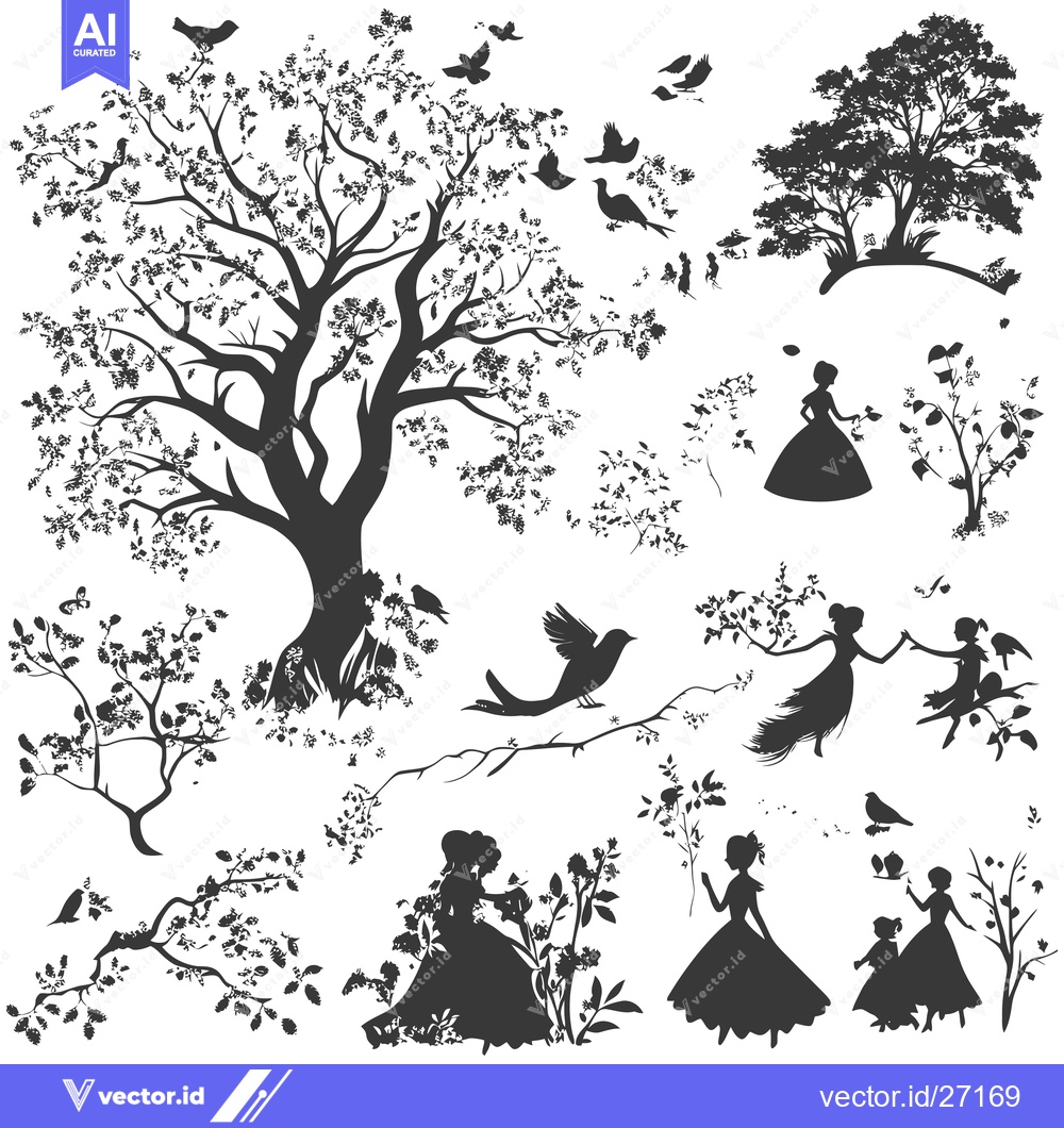 Premium Vector dari Black Silhouettes of Trees, Birds, and Women in a Garden Setting