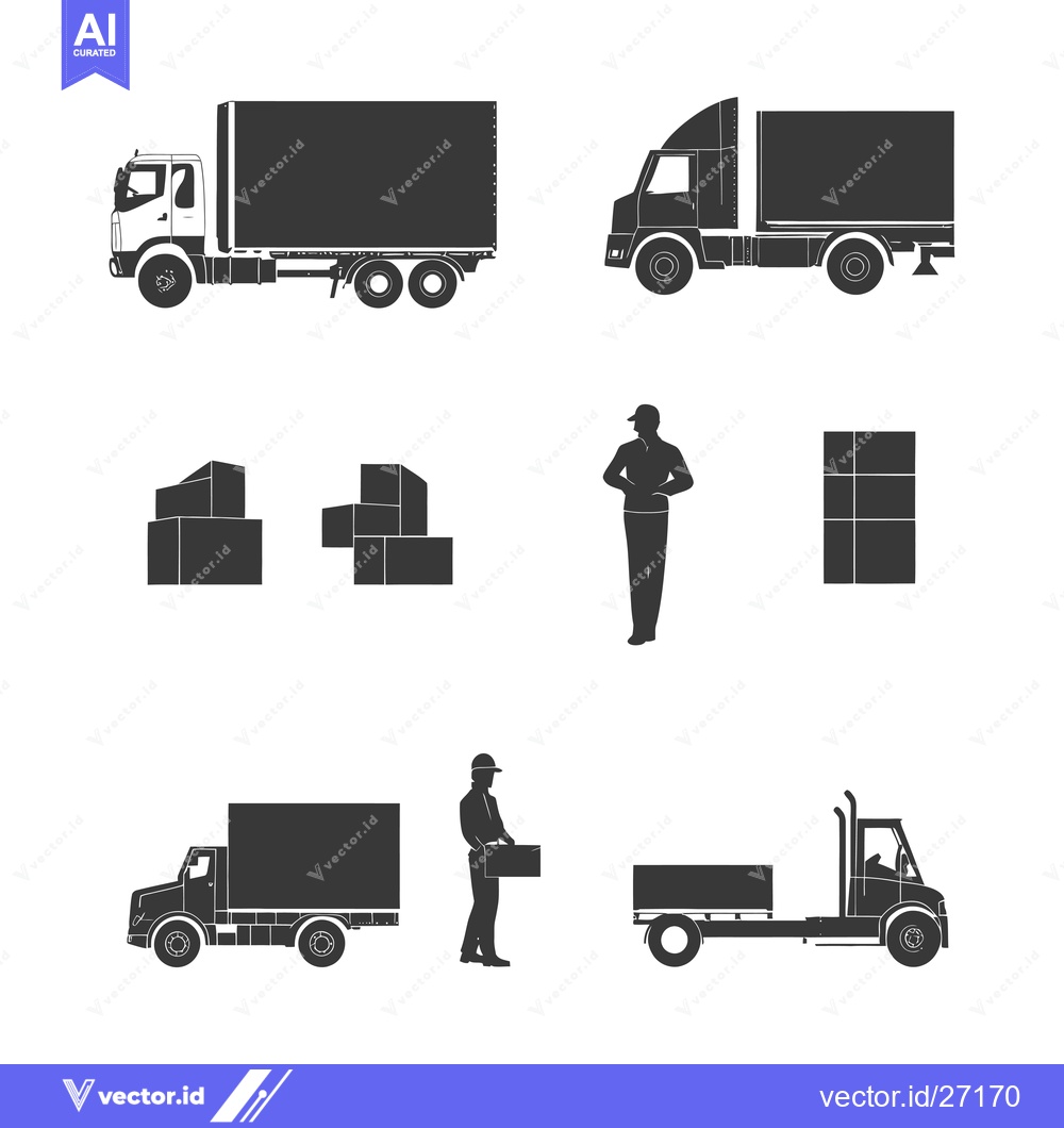 Premium Vector dari Black Silhouettes of Trucks, Workers, and Boxes
