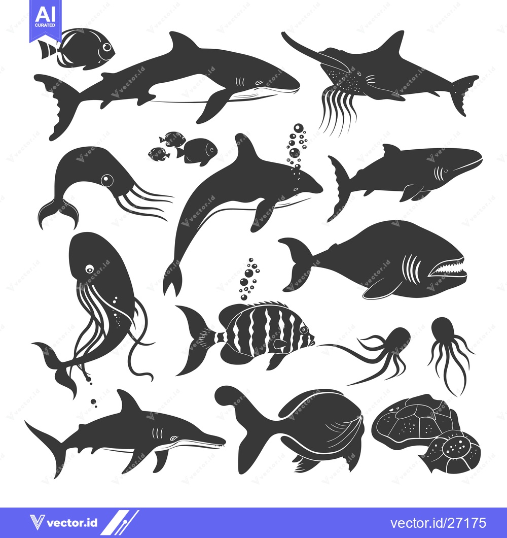 Premium Vector dari Black Silhouettes of Various Marine Animals