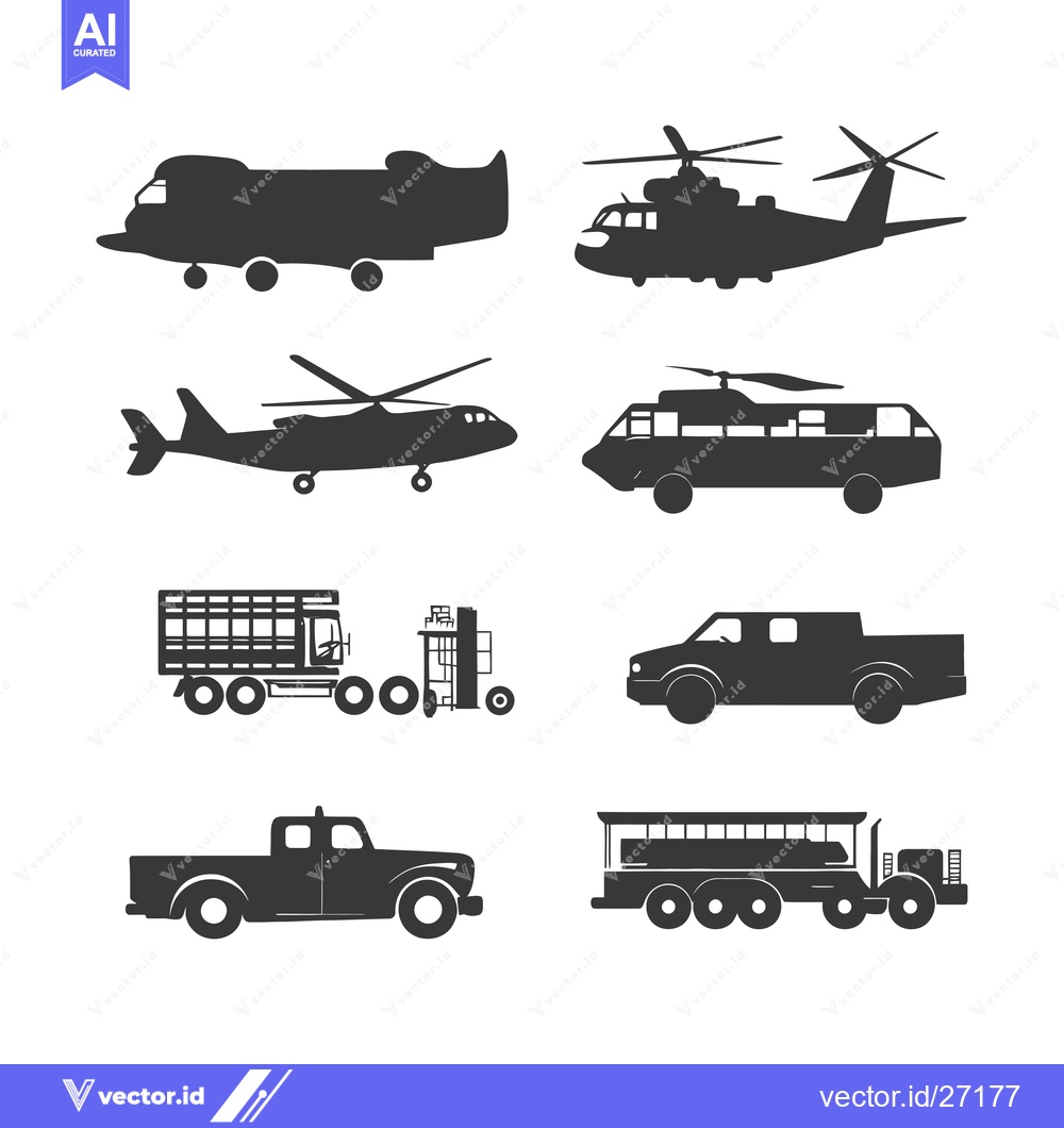Premium Vector dari Black Silhouettes of Various Vehicles and Aircraft