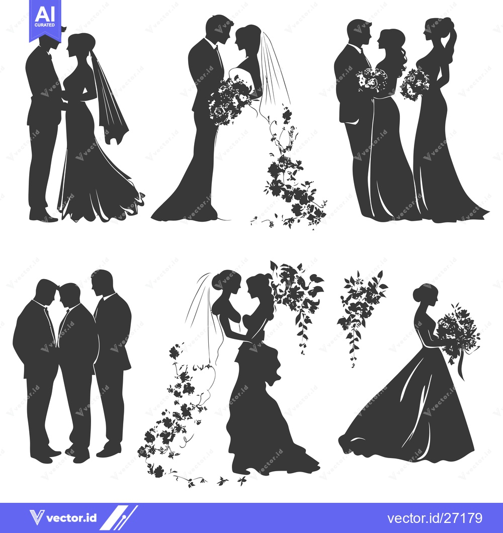 Premium Vector dari Black Silhouettes of Wedding Couples and Bridesmaids