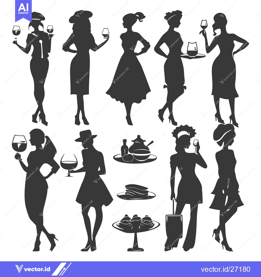Premium Vector dari Black Silhouettes of Women Drinking Wine and Serving Food