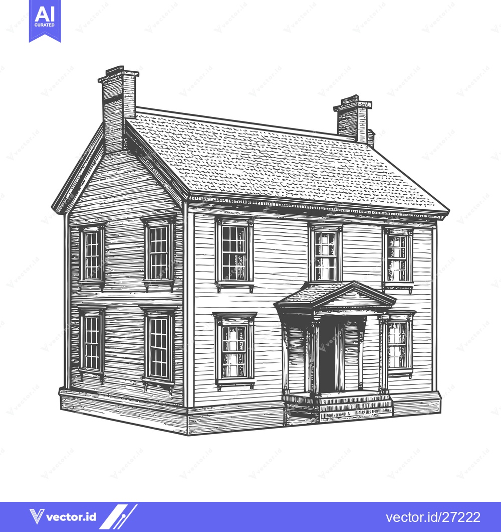 Premium Vector dari A Detailed Drawing Of A Classic Wooden Two Story House