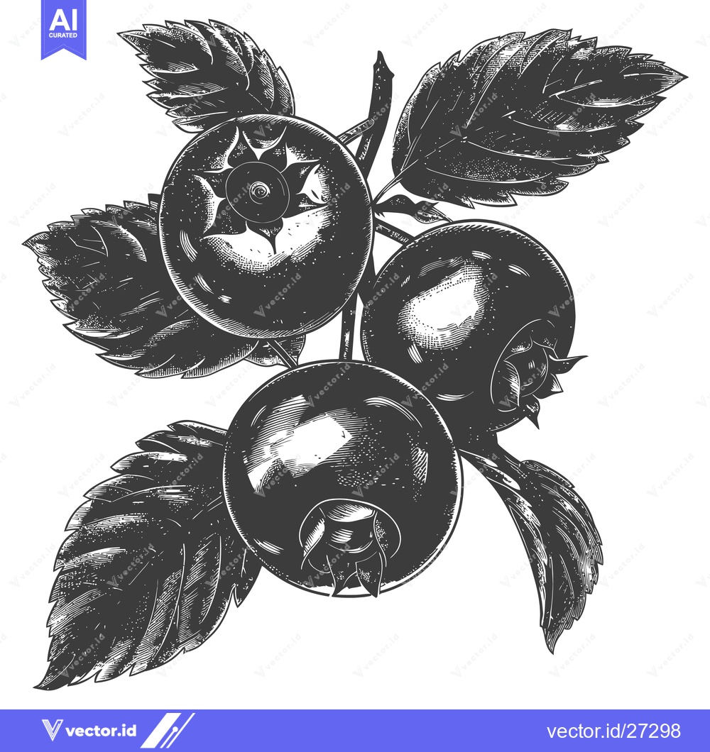 Premium Vector of Three Blueberries on a Branch with Leaves