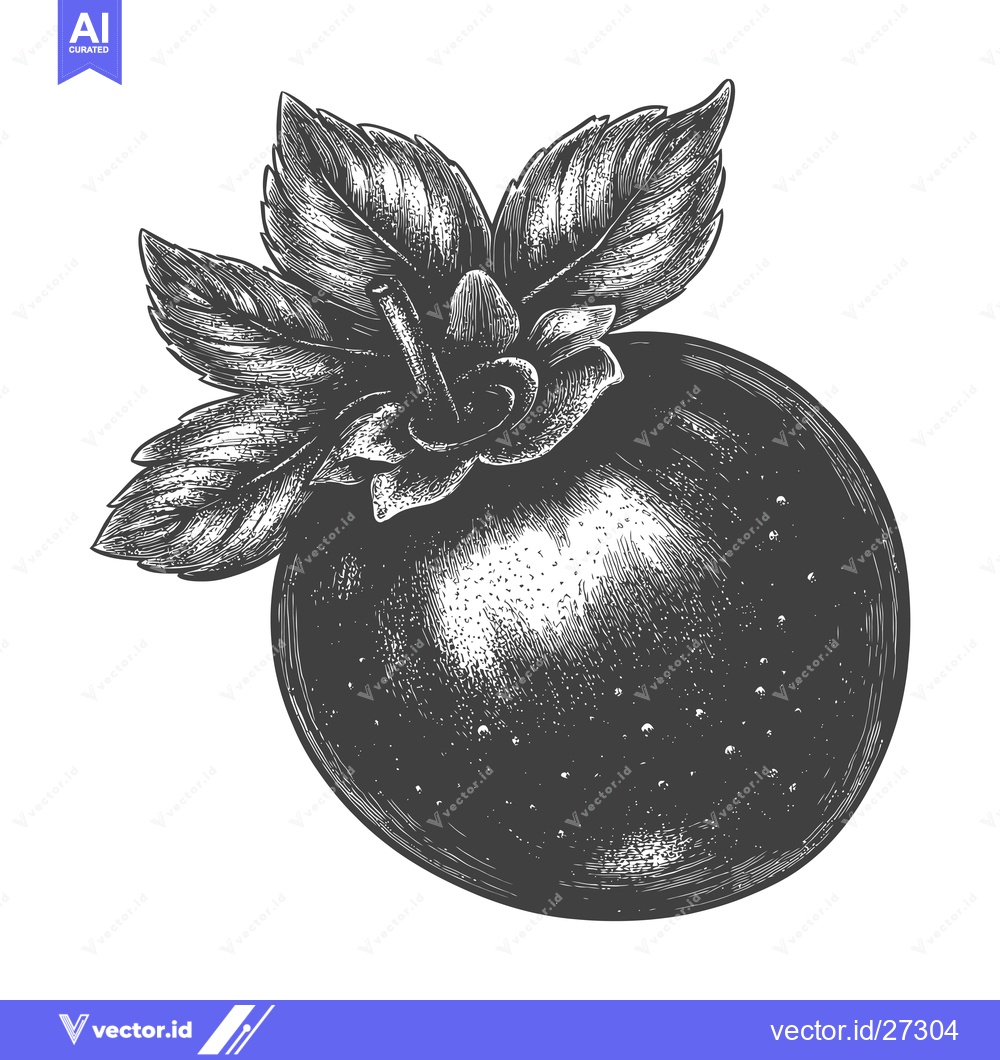 Premium Vector dari Black and white illustration of a persimmon fruit with leaves