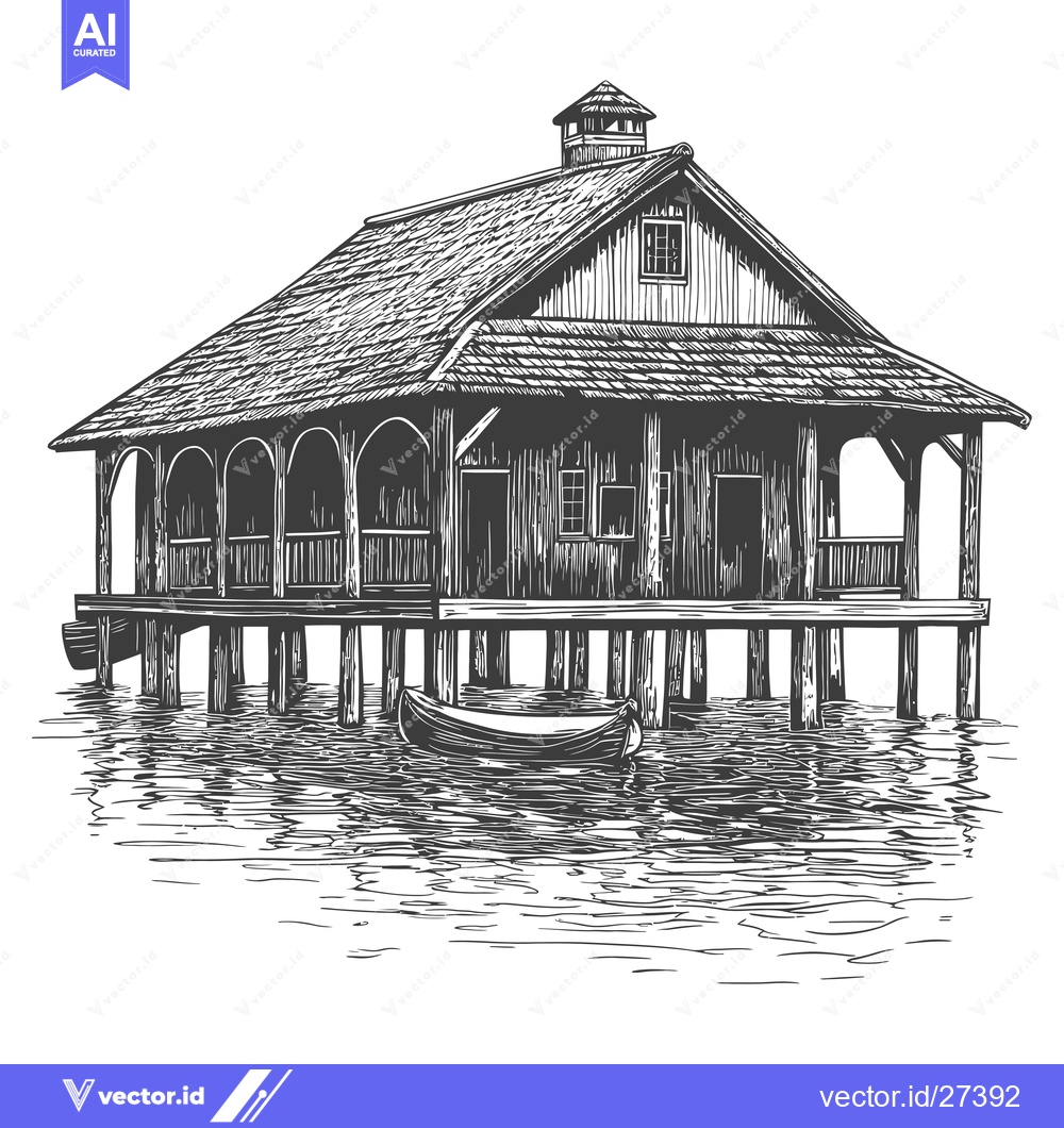 Premium Vector of A Lakeside Wooden House With A Small Boat
